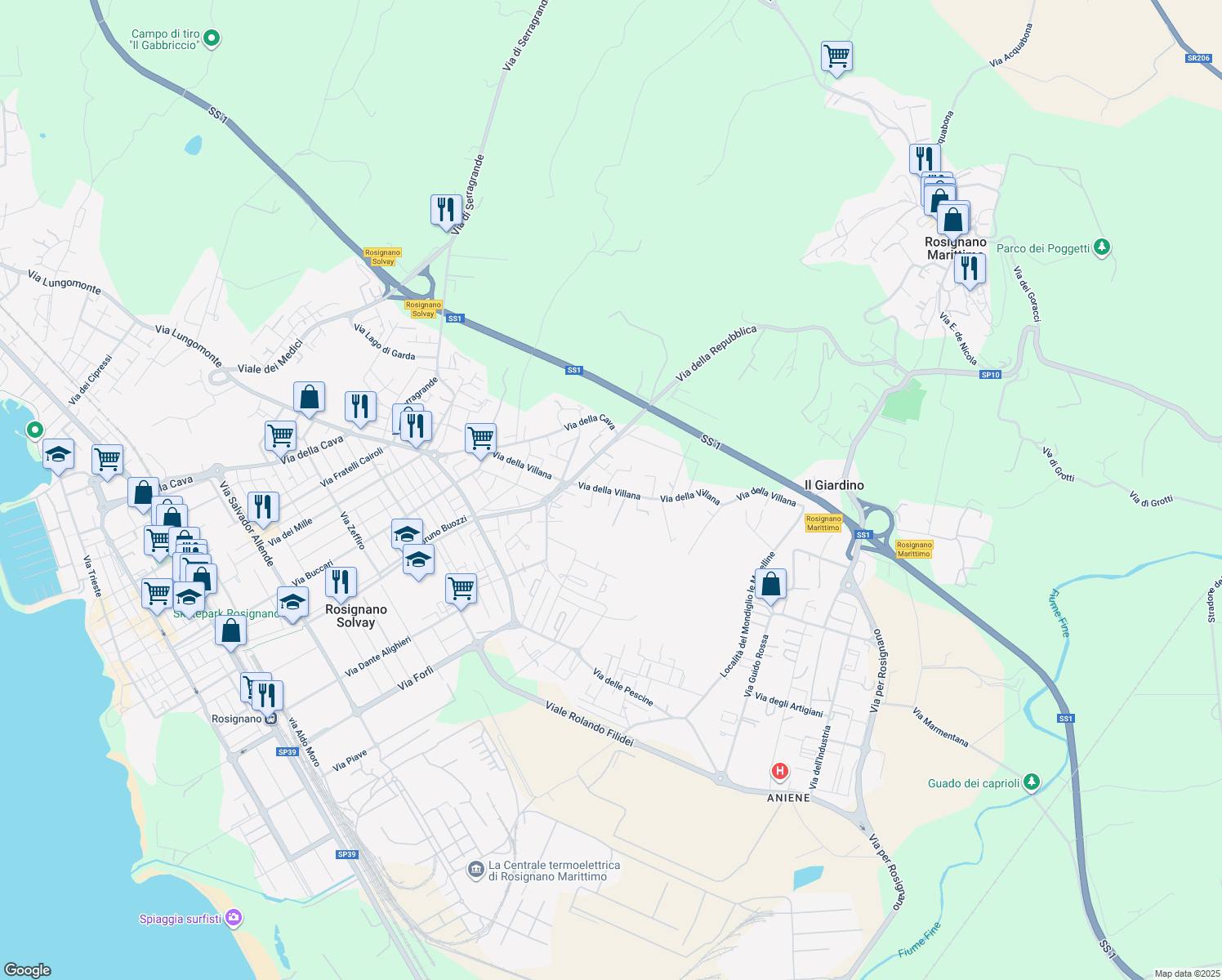 map of restaurants, bars, coffee shops, grocery stores, and more near 120 Via della Villana in Rosignano Solvay-Castiglioncello