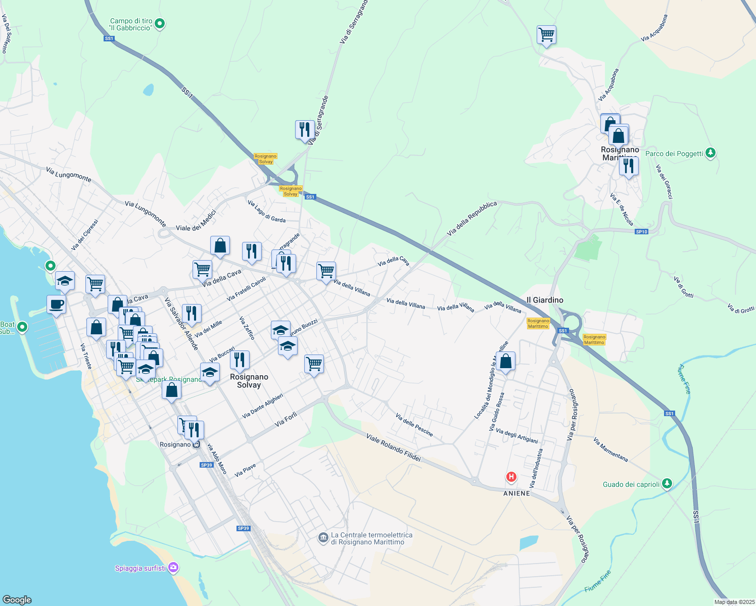 map of restaurants, bars, coffee shops, grocery stores, and more near 120A Via della Repubblica in Rosignano Solvay-Castiglioncello