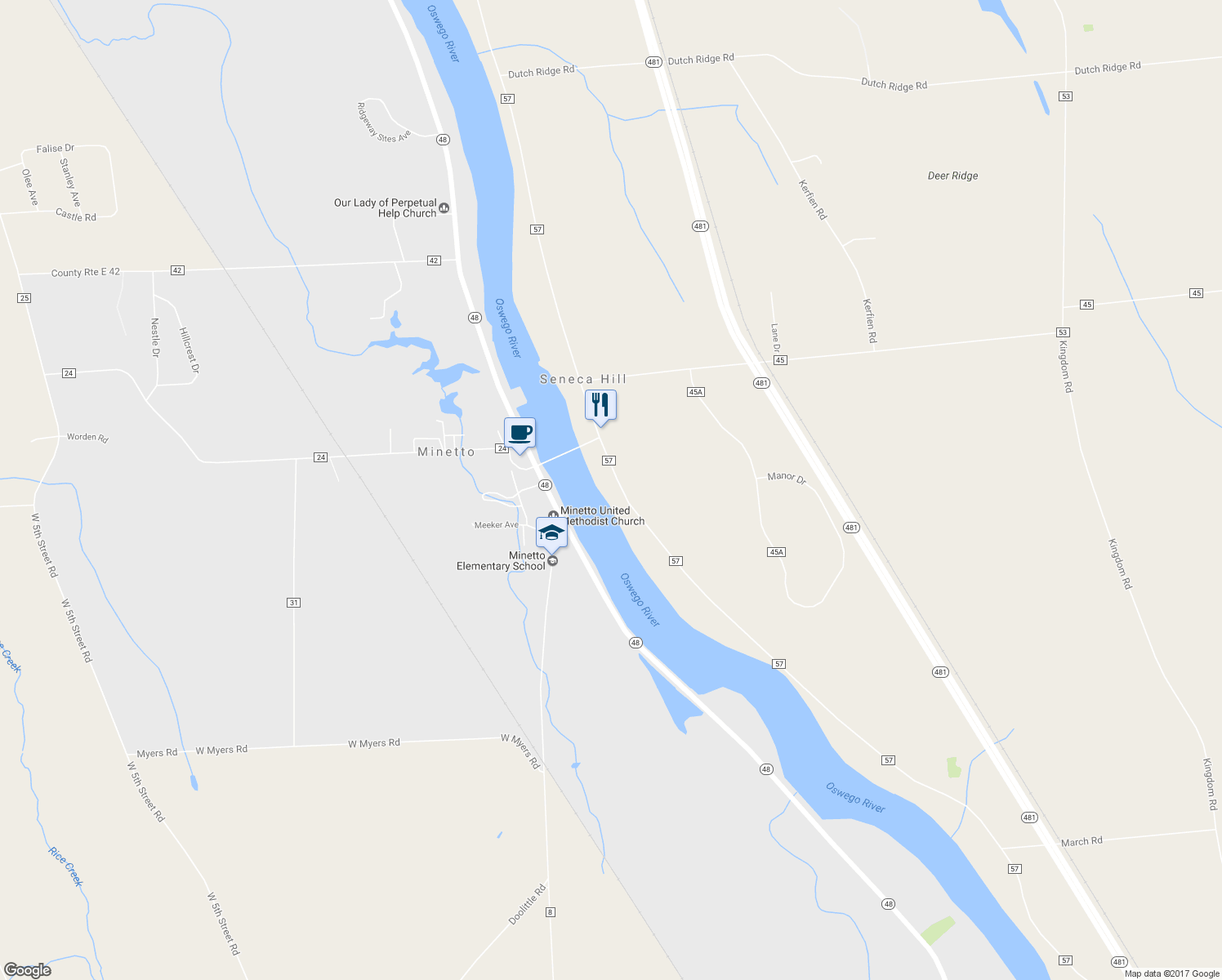 map of restaurants, bars, coffee shops, grocery stores, and more near 3609 County Route 57 in Oswego