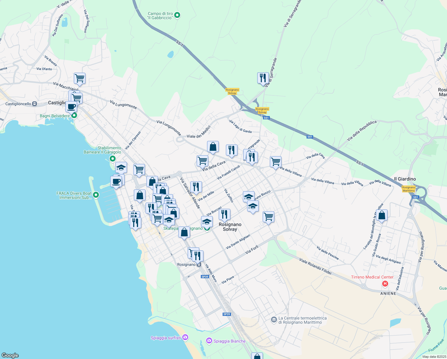 map of restaurants, bars, coffee shops, grocery stores, and more near 40 Via Fratelli Bandiera in Rosignano Solvay-Castiglioncello