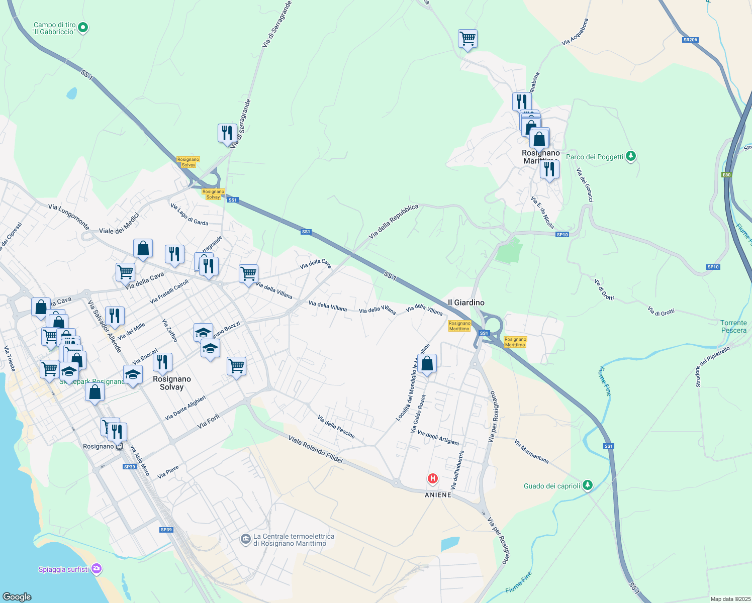 map of restaurants, bars, coffee shops, grocery stores, and more near 170 Via della Villana in Rosignano Solvay