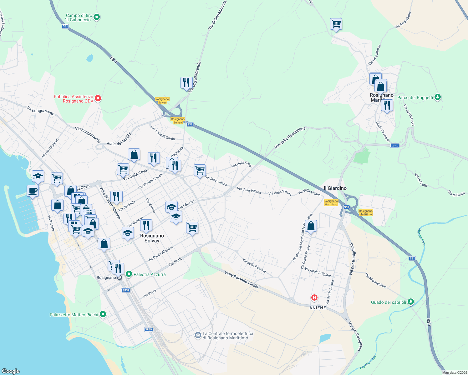 map of restaurants, bars, coffee shops, grocery stores, and more near 120A Via della Repubblica in Rosignano Solvay-Castiglioncello