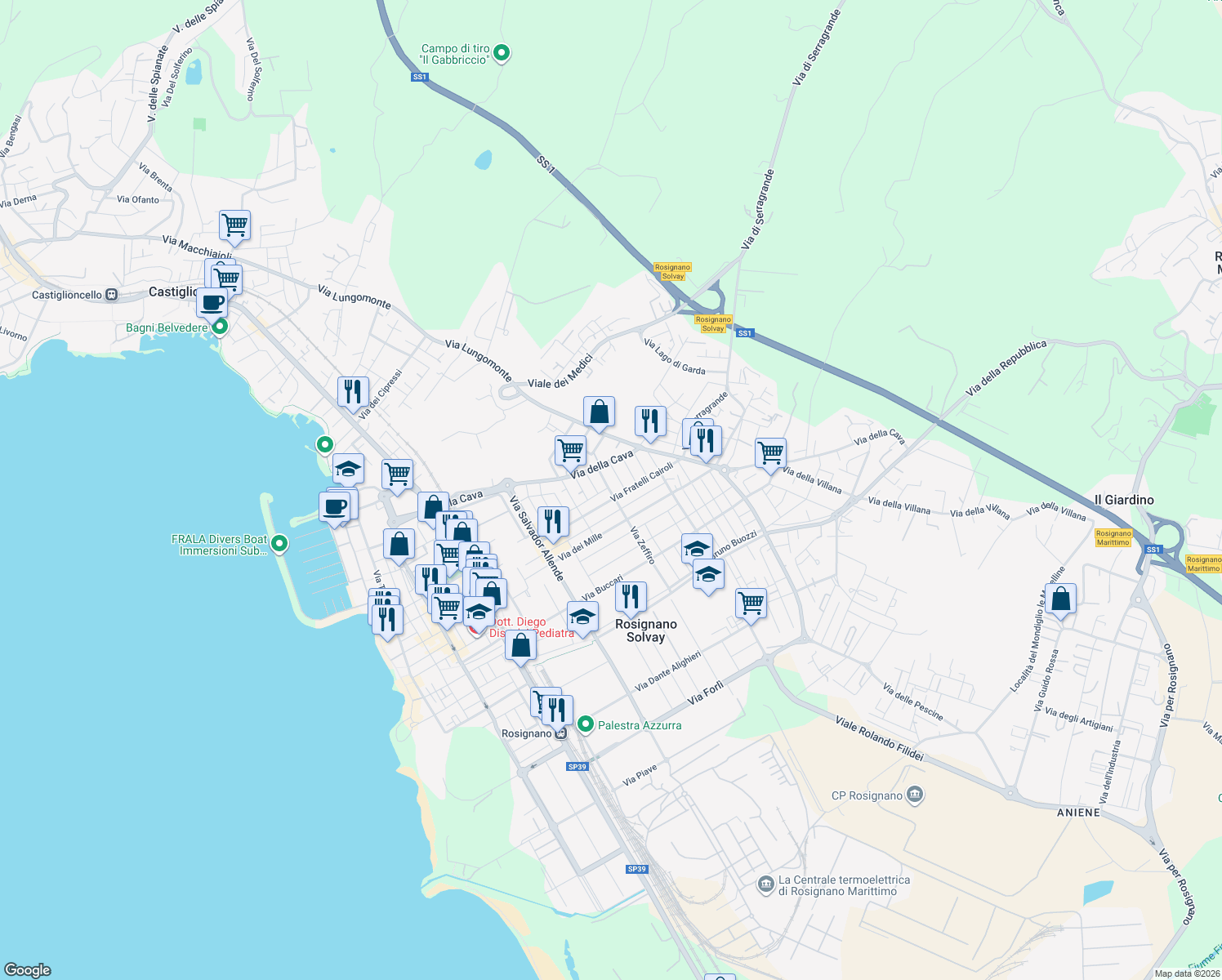 map of restaurants, bars, coffee shops, grocery stores, and more near 45 Via Fratelli Cairoli in Rosignano Solvay-Castiglioncello