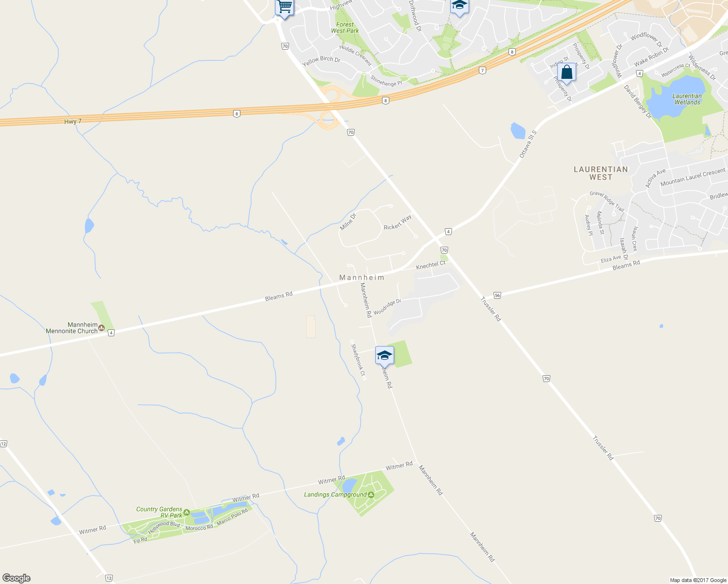 map of restaurants, bars, coffee shops, grocery stores, and more near 1564 Mannheim Road in Waterloo Regional Municipality