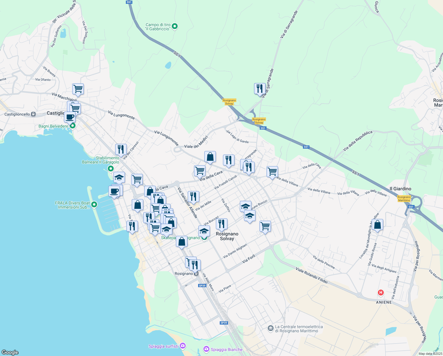map of restaurants, bars, coffee shops, grocery stores, and more near 8 Via Milazzo in Rosignano Solvay-Castiglioncello