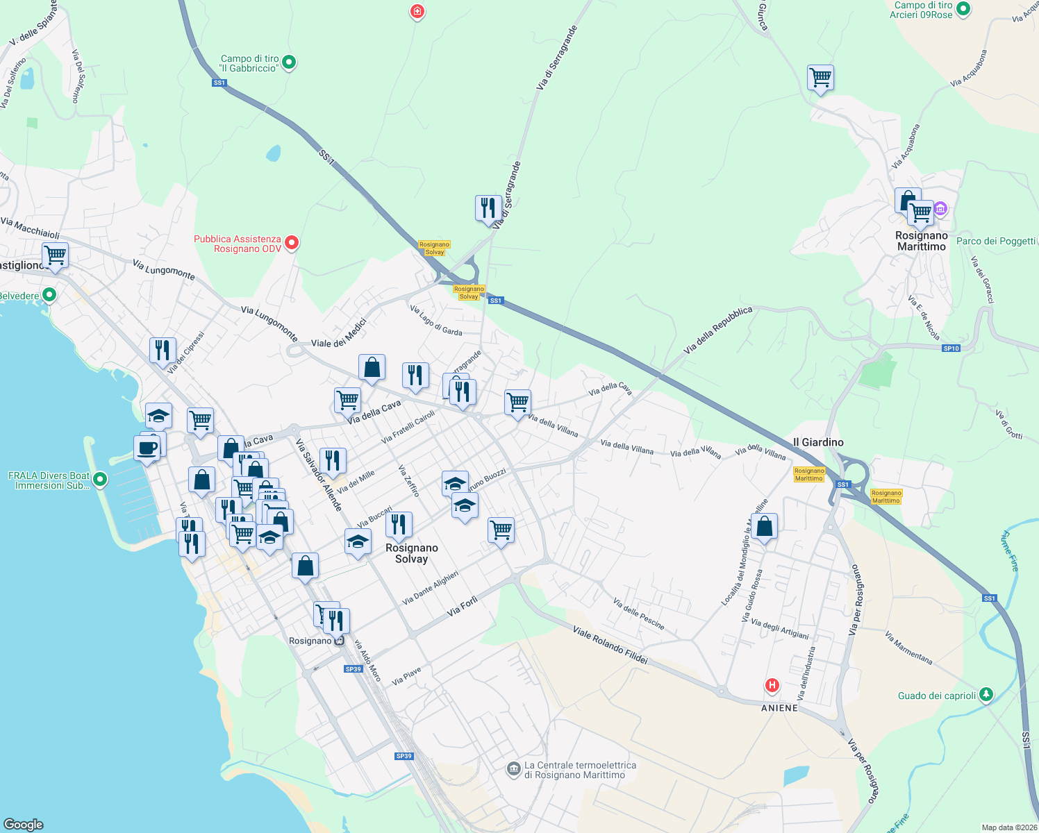map of restaurants, bars, coffee shops, grocery stores, and more near 39 Via B. Croce in Rosignano Solvay-Castiglioncello