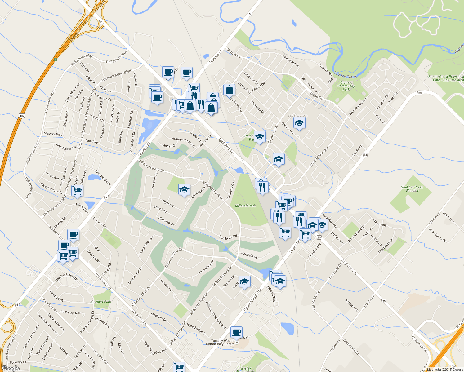 map of restaurants, bars, coffee shops, grocery stores, and more near 2182 Turnberry Road in Burlington