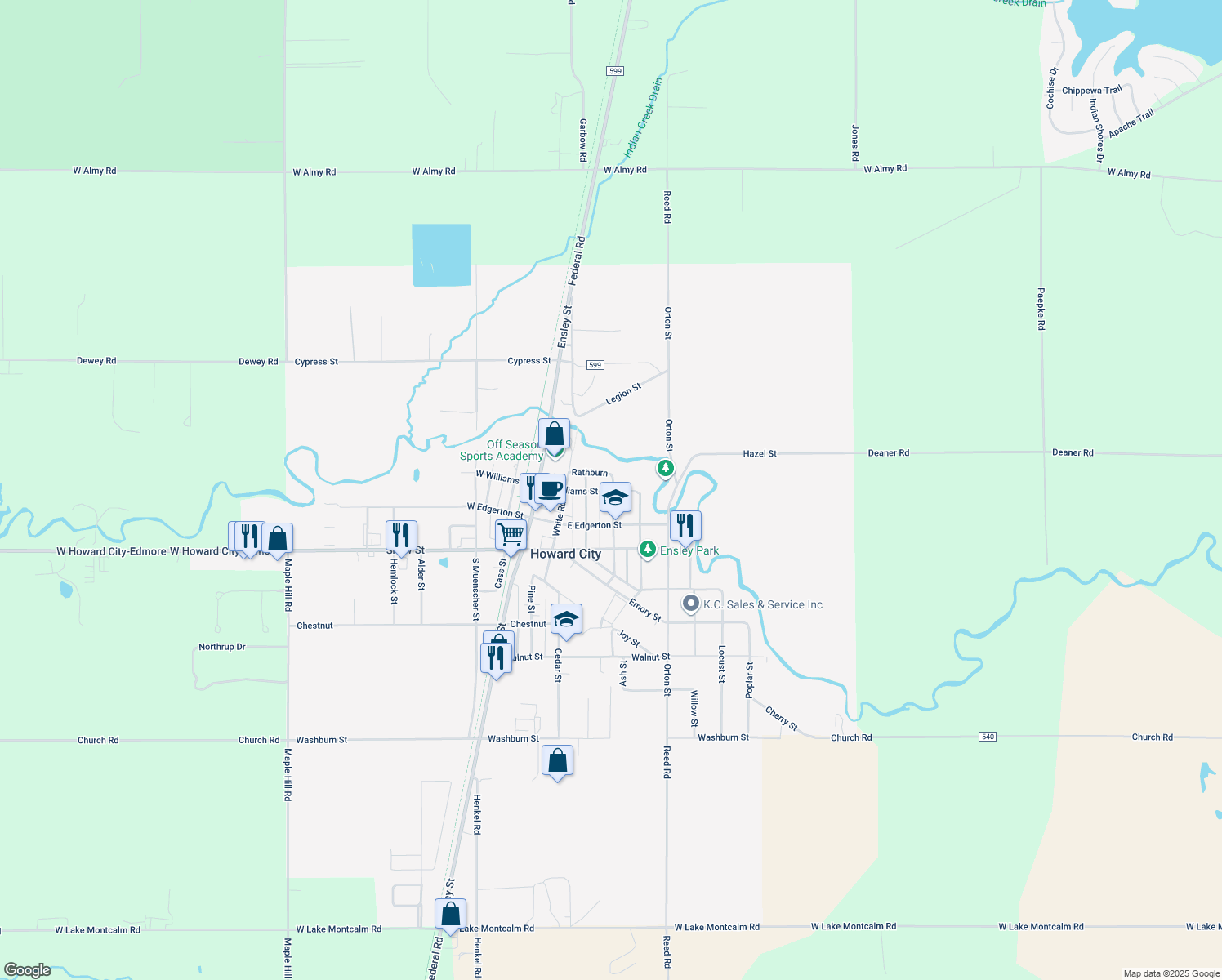 map of restaurants, bars, coffee shops, grocery stores, and more near 327 East Williams Street in Howard City