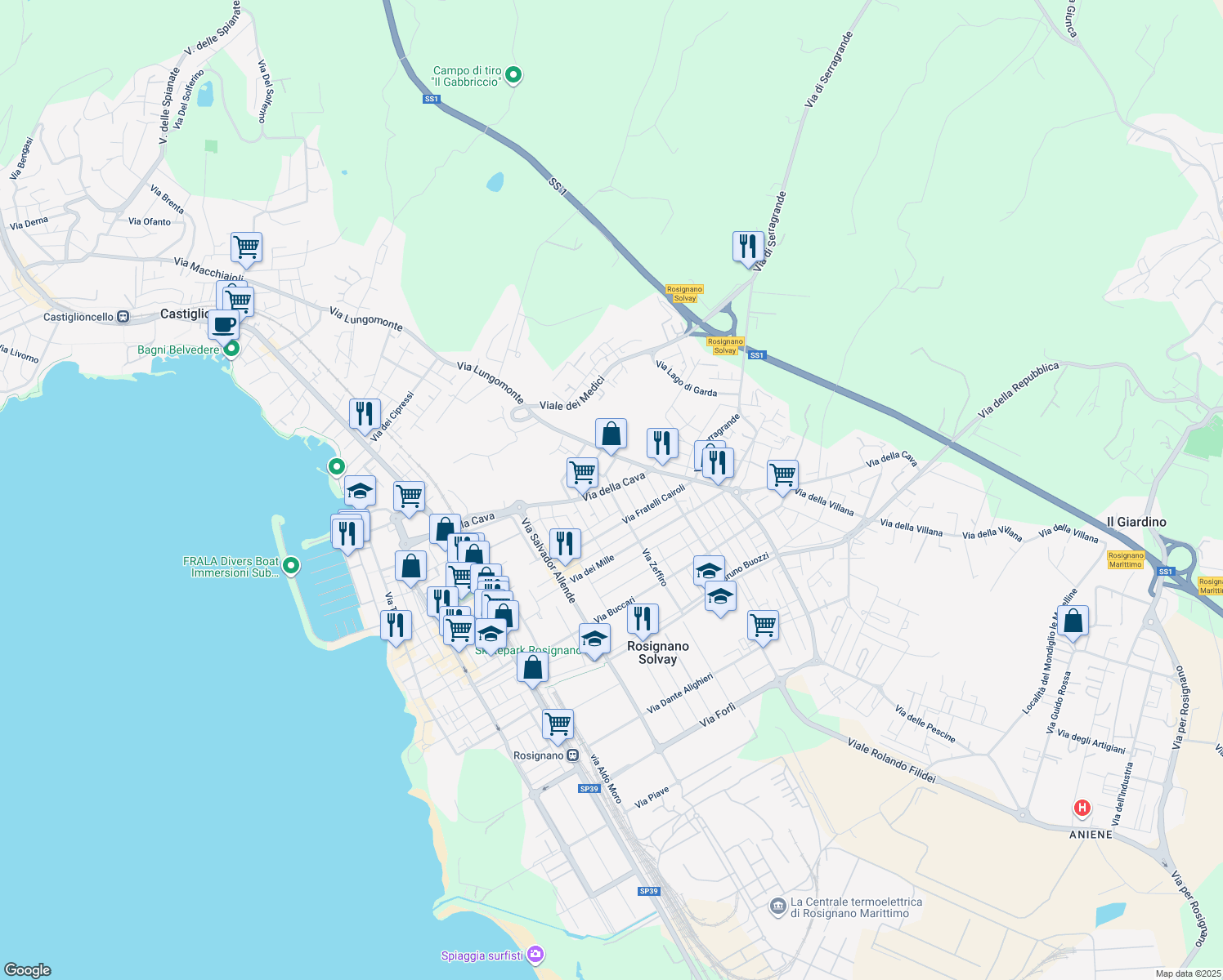 map of restaurants, bars, coffee shops, grocery stores, and more near 60 Via Goffredo Mameli in Rosignano Solvay-Castiglioncello