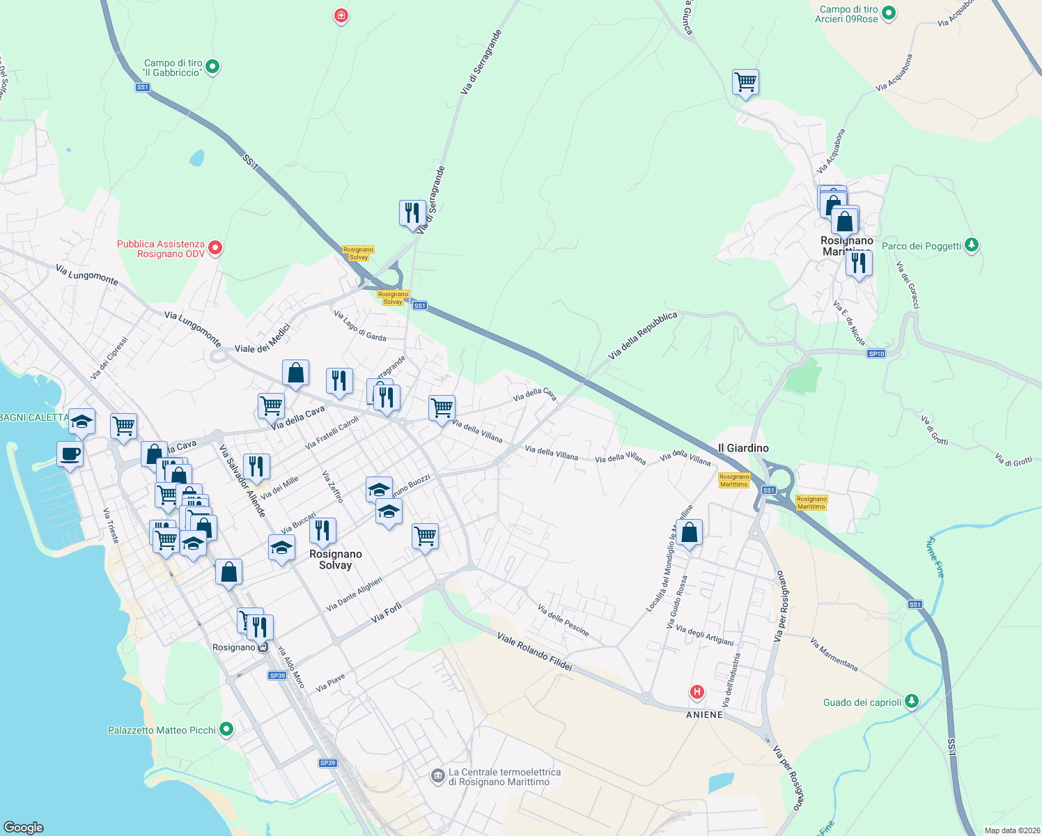 map of restaurants, bars, coffee shops, grocery stores, and more near 18 Via Poggi Paoli in Rosignano Solvay-Castiglioncello