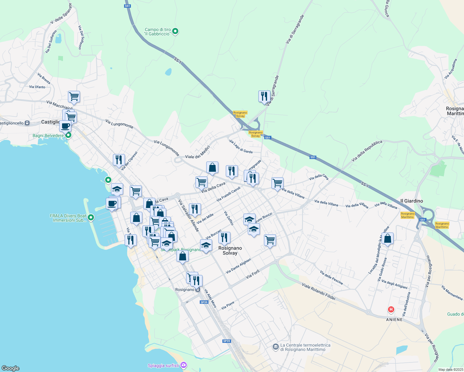 map of restaurants, bars, coffee shops, grocery stores, and more near 11 Via di Crocetta in Rosignano Solvay-castiglioncell