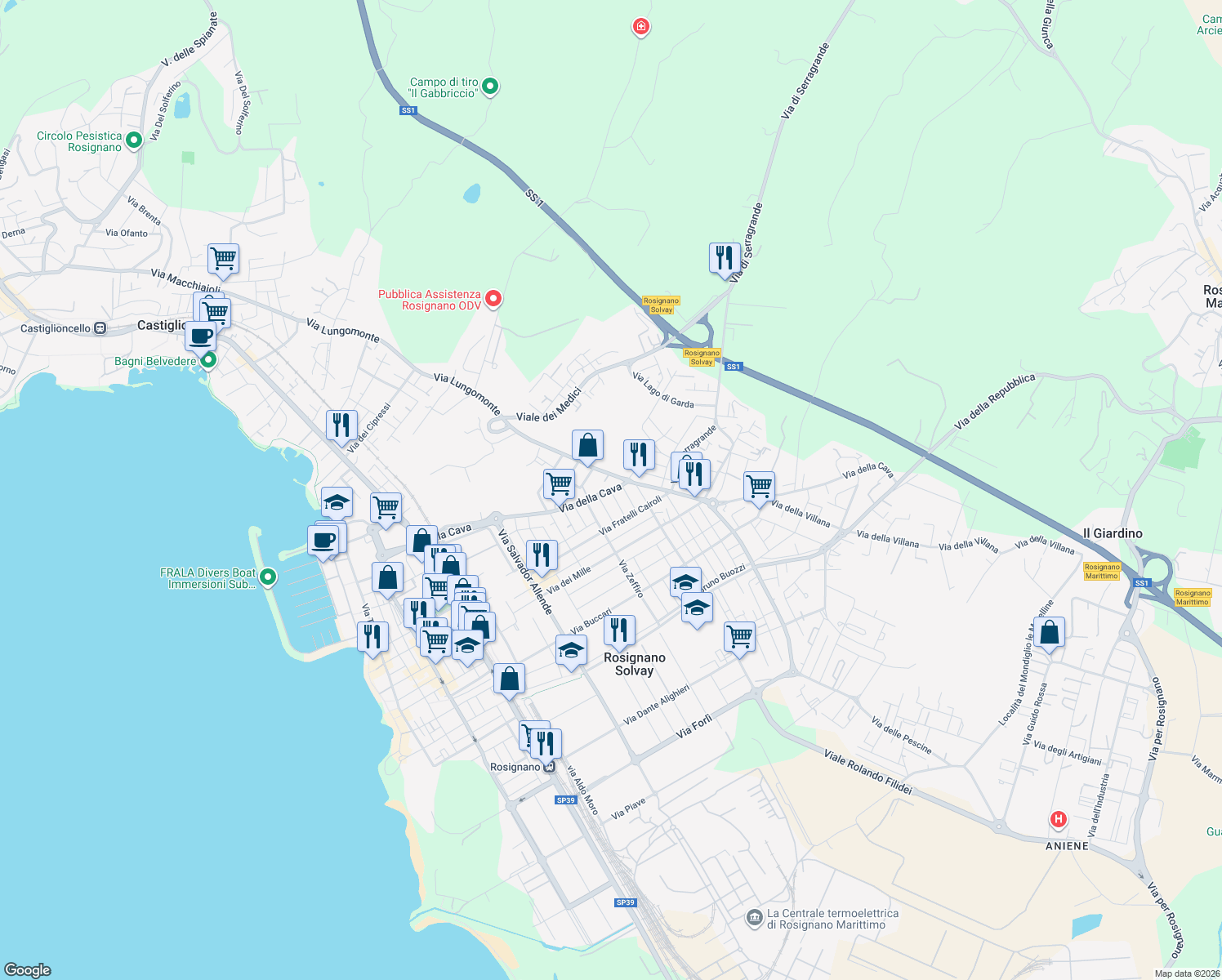 map of restaurants, bars, coffee shops, grocery stores, and more near 8 Via Milazzo in Rosignano Solvay-Castiglioncello