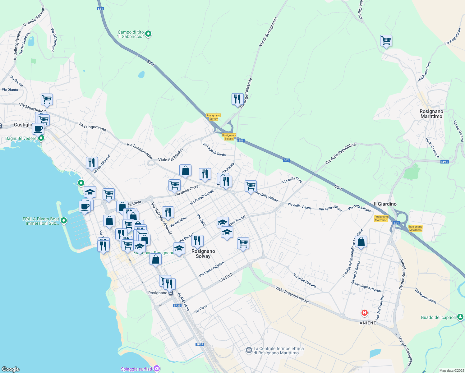 map of restaurants, bars, coffee shops, grocery stores, and more near Via Cava in Rosignano Solvay-Castiglioncello