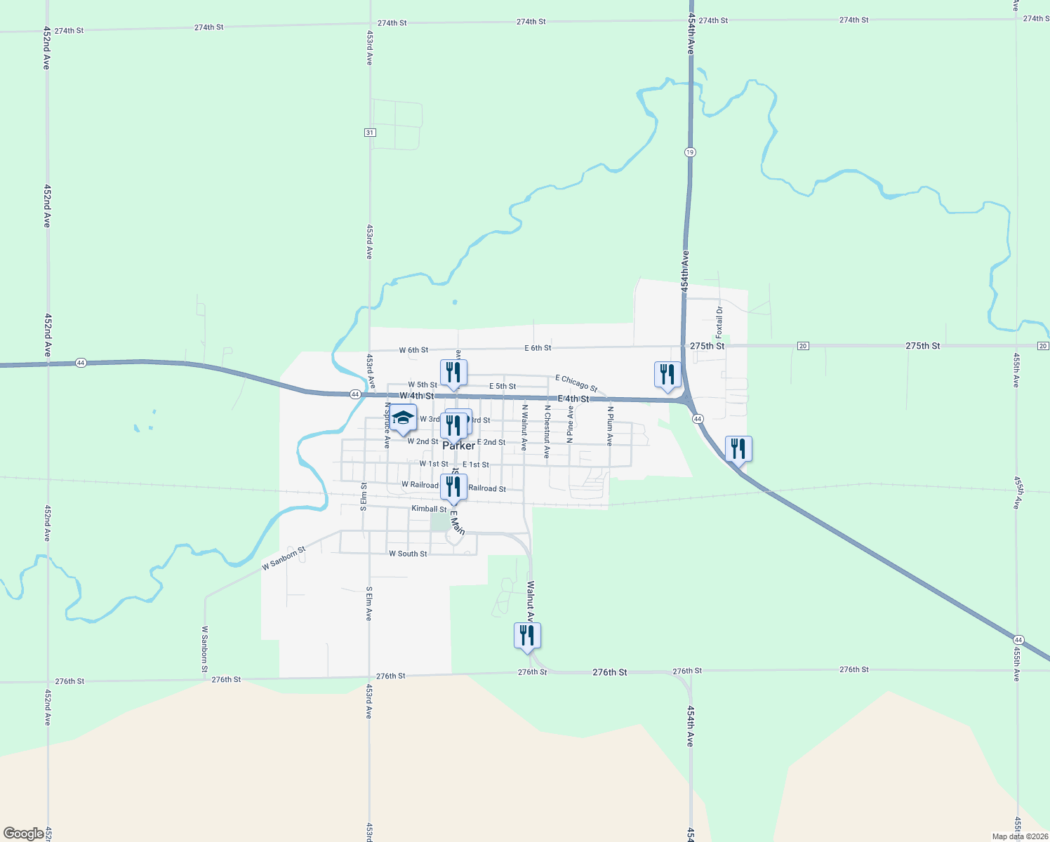 map of restaurants, bars, coffee shops, grocery stores, and more near 299 N Walnut Ave in Parker
