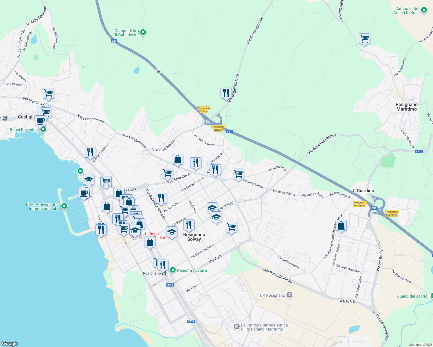 map of restaurants, bars, coffee shops, grocery stores, and more near Via Cava in Rosignano Solvay-Castiglioncello