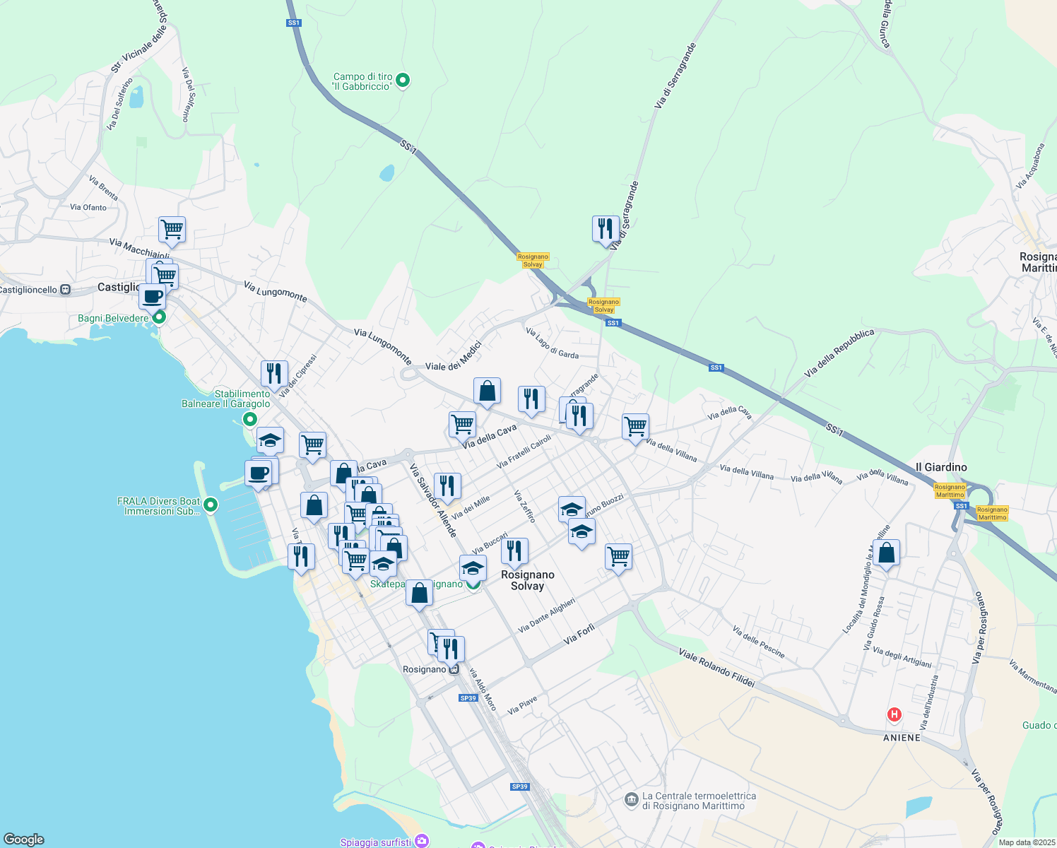 map of restaurants, bars, coffee shops, grocery stores, and more near Via della Cava in Rosignano Solvay