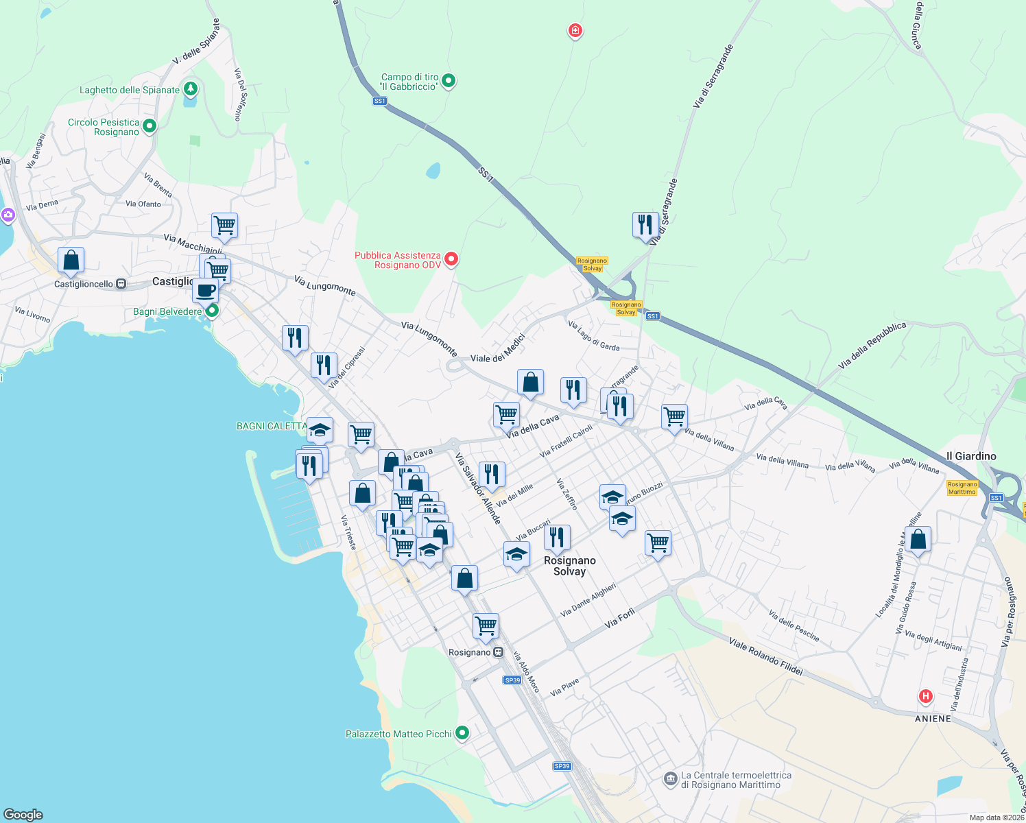 map of restaurants, bars, coffee shops, grocery stores, and more near 12B Via Oreste Lizzadri in Rosignano Solvay-Castiglioncello