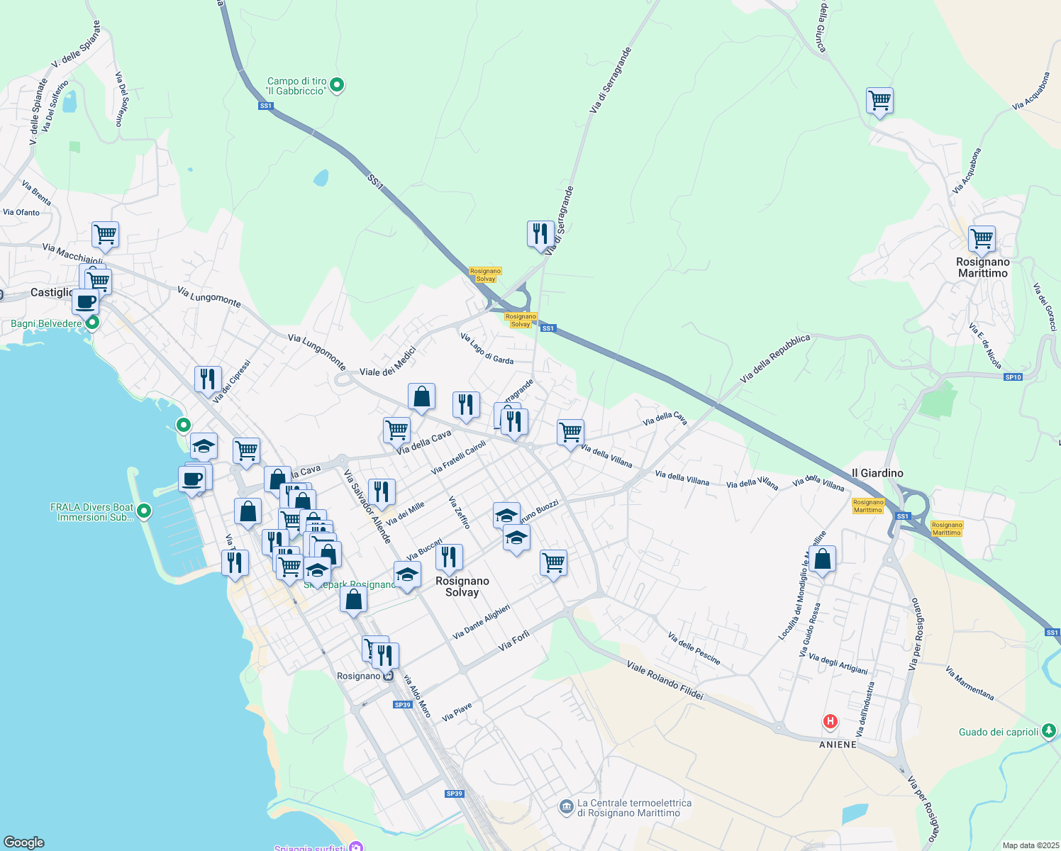 map of restaurants, bars, coffee shops, grocery stores, and more near 27 Via del Cotone in Rosignano Solvay-Castiglioncello