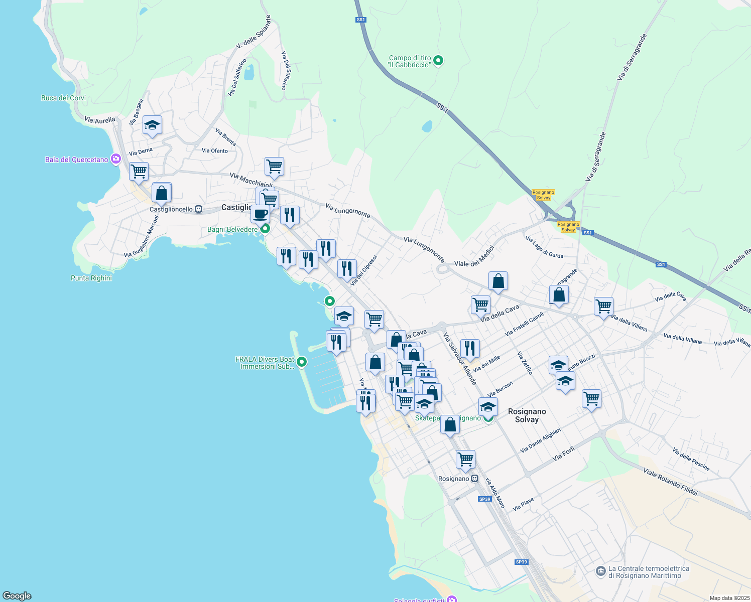 map of restaurants, bars, coffee shops, grocery stores, and more near 27/A Via T. Tasso in Rosignano Solvay-Castiglioncello