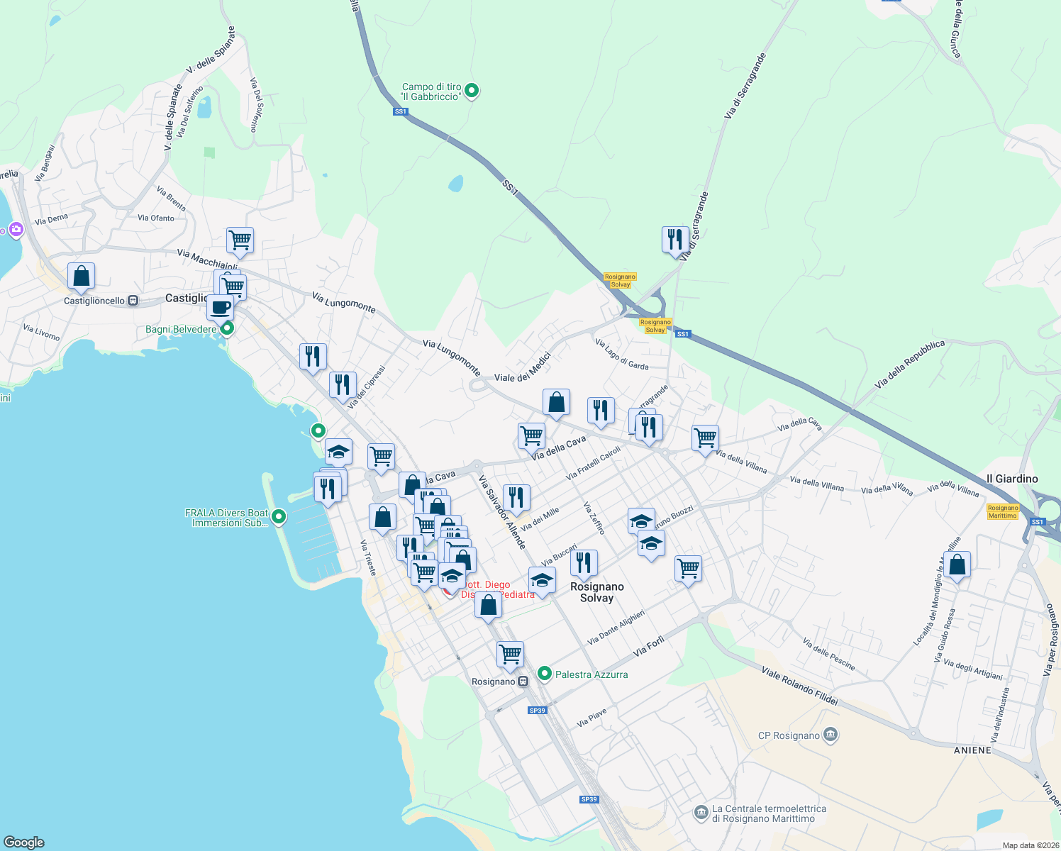 map of restaurants, bars, coffee shops, grocery stores, and more near 12B Via Oreste Lizzadri in Rosignano Solvay-Castiglioncello