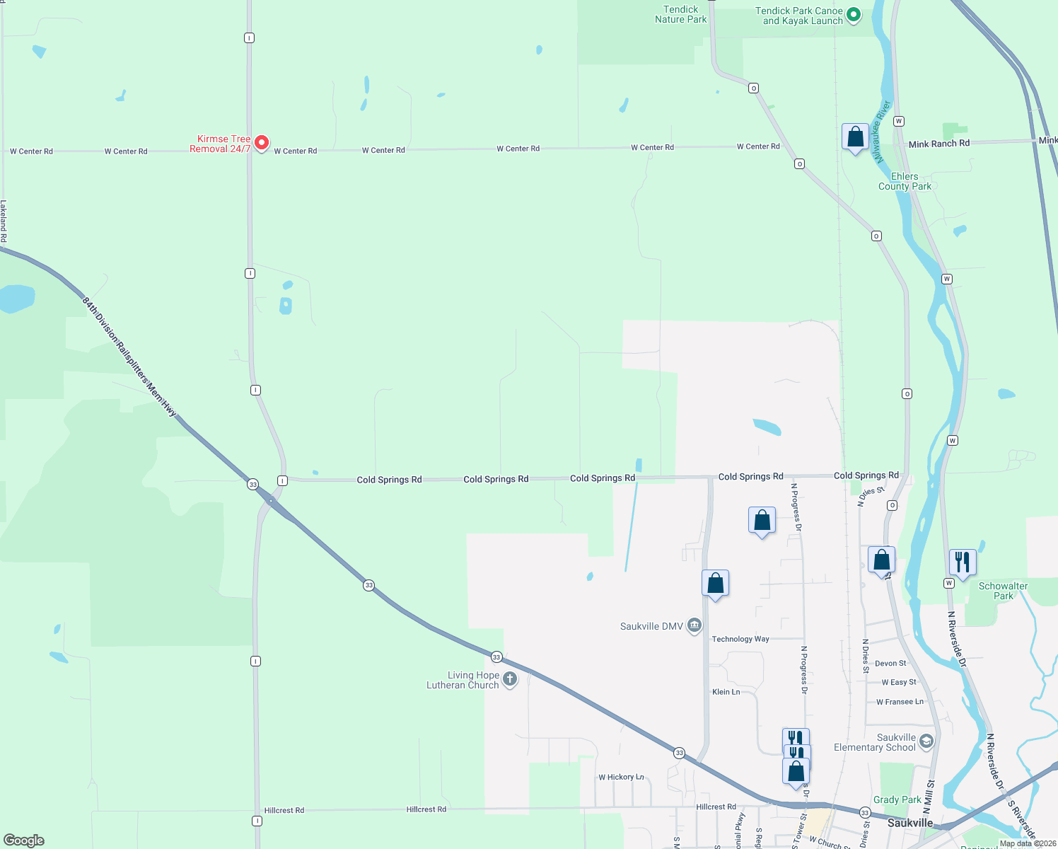 map of restaurants, bars, coffee shops, grocery stores, and more near 3380 Woodview Lane in Saukville