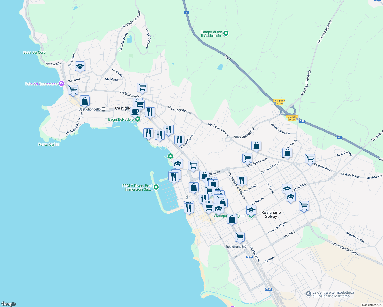 map of restaurants, bars, coffee shops, grocery stores, and more near 27 Via T. Tasso in Rosignano Solvay-Castiglioncello