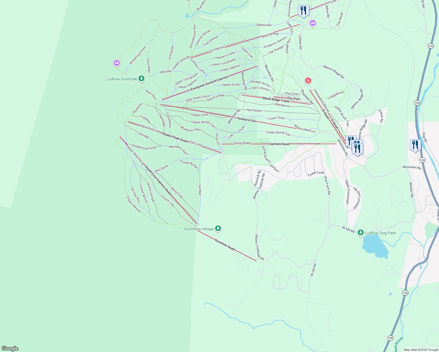 map of restaurants, bars, coffee shops, grocery stores, and more near 30 Trailside Road in Ludlow