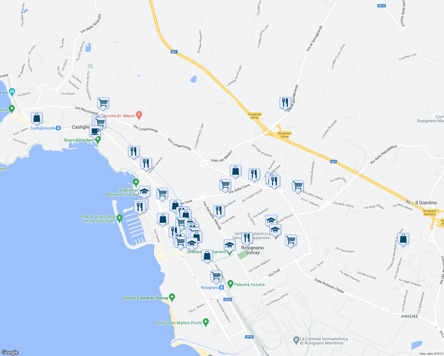 map of restaurants, bars, coffee shops, grocery stores, and more near 2 Via Sergio Tofano in Rosignano Solvay-Castiglioncello