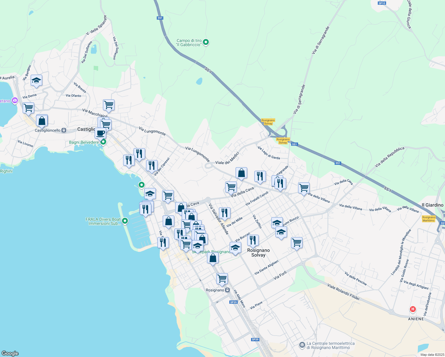 map of restaurants, bars, coffee shops, grocery stores, and more near 2 Via Sergio Tofano in Rosignano Solvay-Castiglioncello