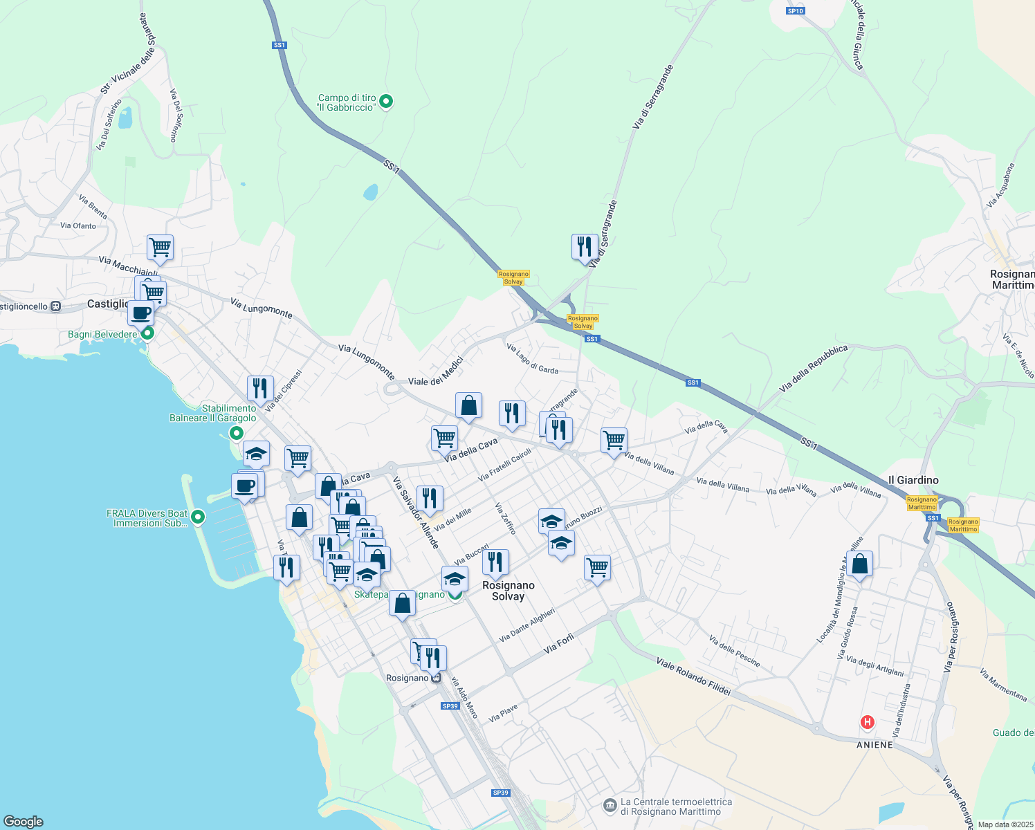 map of restaurants, bars, coffee shops, grocery stores, and more near 11 Via Pasquale Galluppi in Rosignano Solvay-Castiglioncello