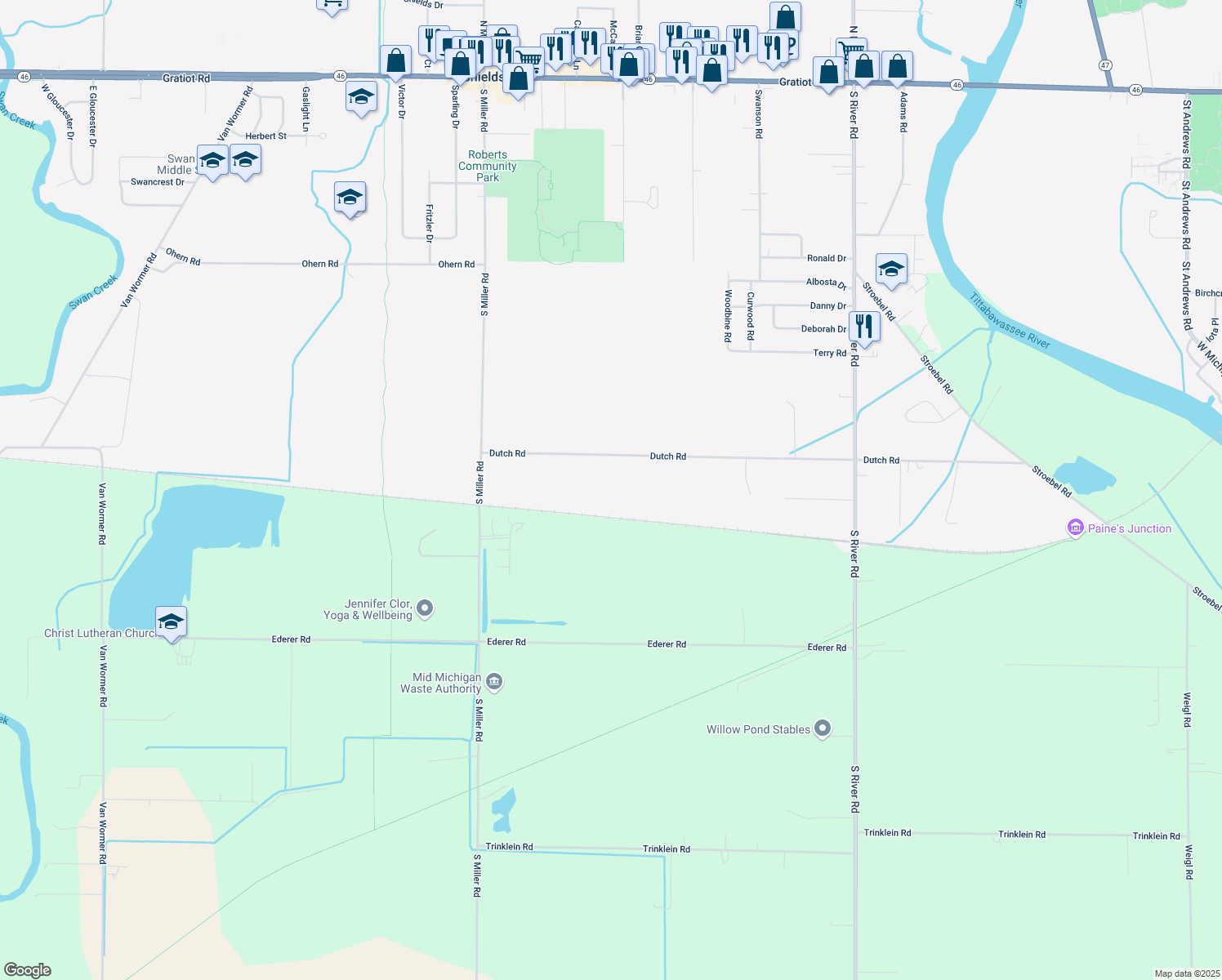 map of restaurants, bars, coffee shops, grocery stores, and more near 7000 Dutch Road in Saginaw