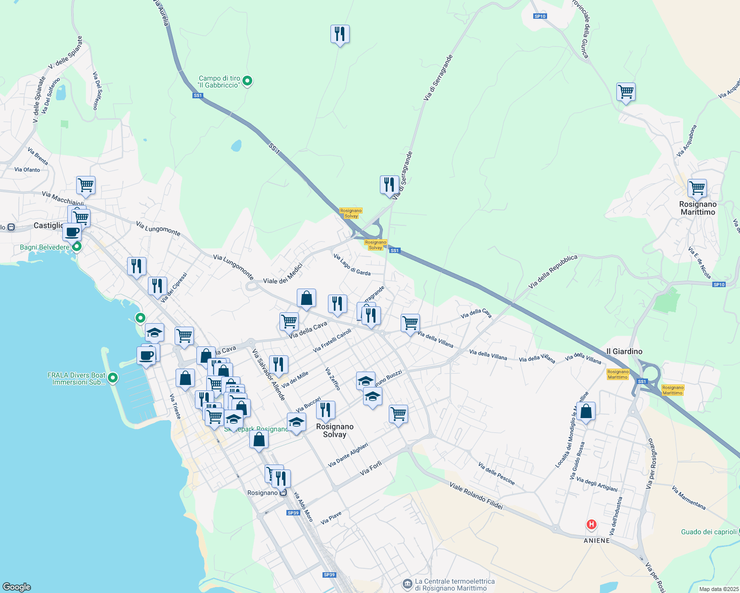 map of restaurants, bars, coffee shops, grocery stores, and more near 50 Via A. Rosmini in Rosignano Solvay-Castiglioncello