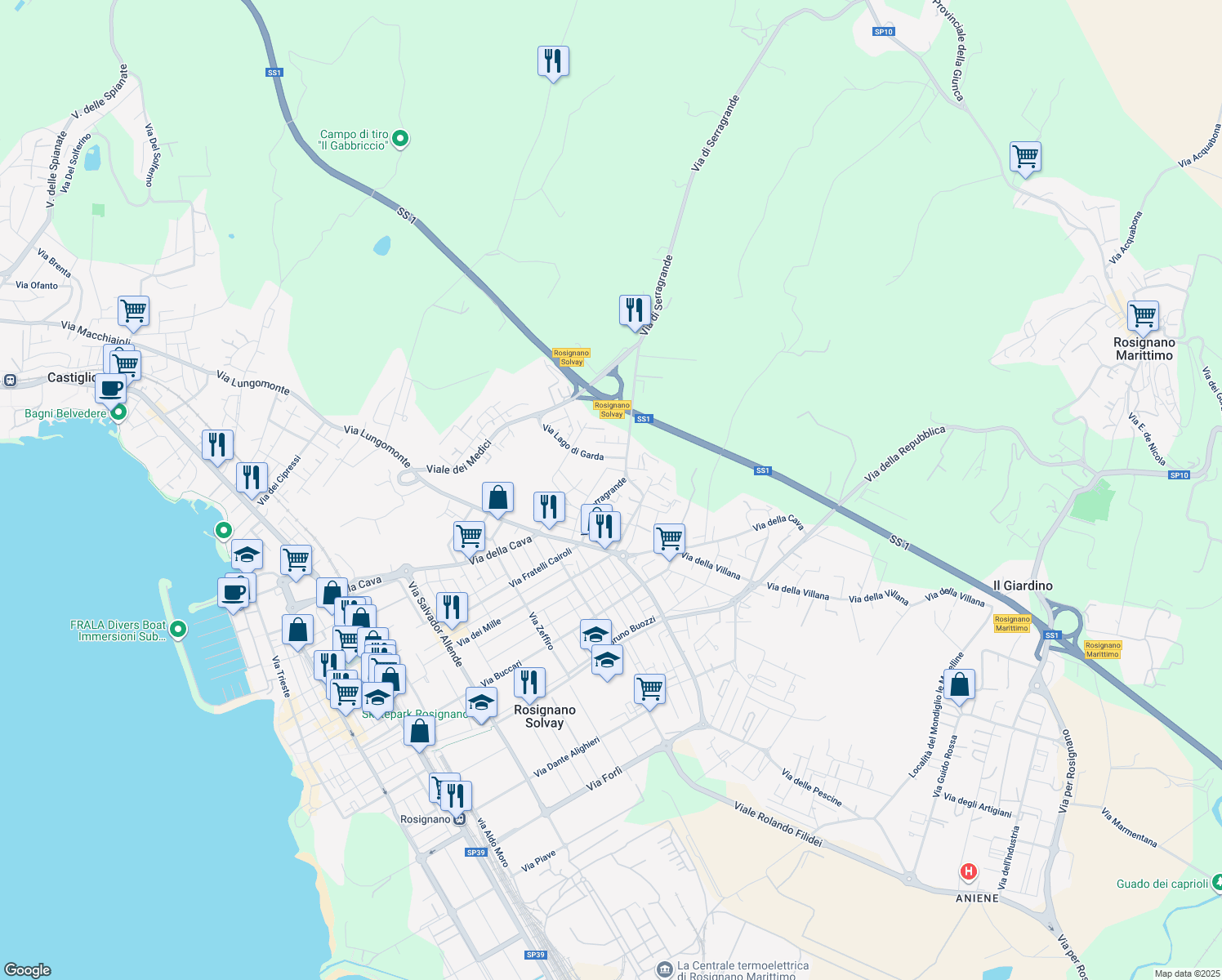 map of restaurants, bars, coffee shops, grocery stores, and more near 50 Via A. Rosmini in Rosignano Solvay-Castiglioncello