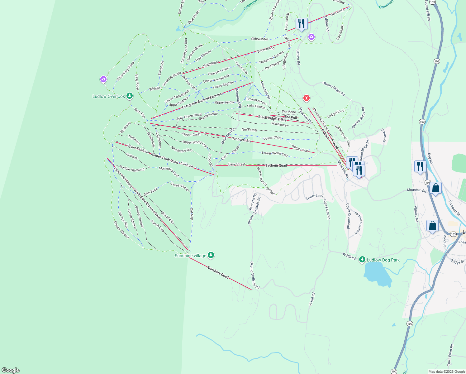 map of restaurants, bars, coffee shops, grocery stores, and more near 20 Trailside Road in Ludlow