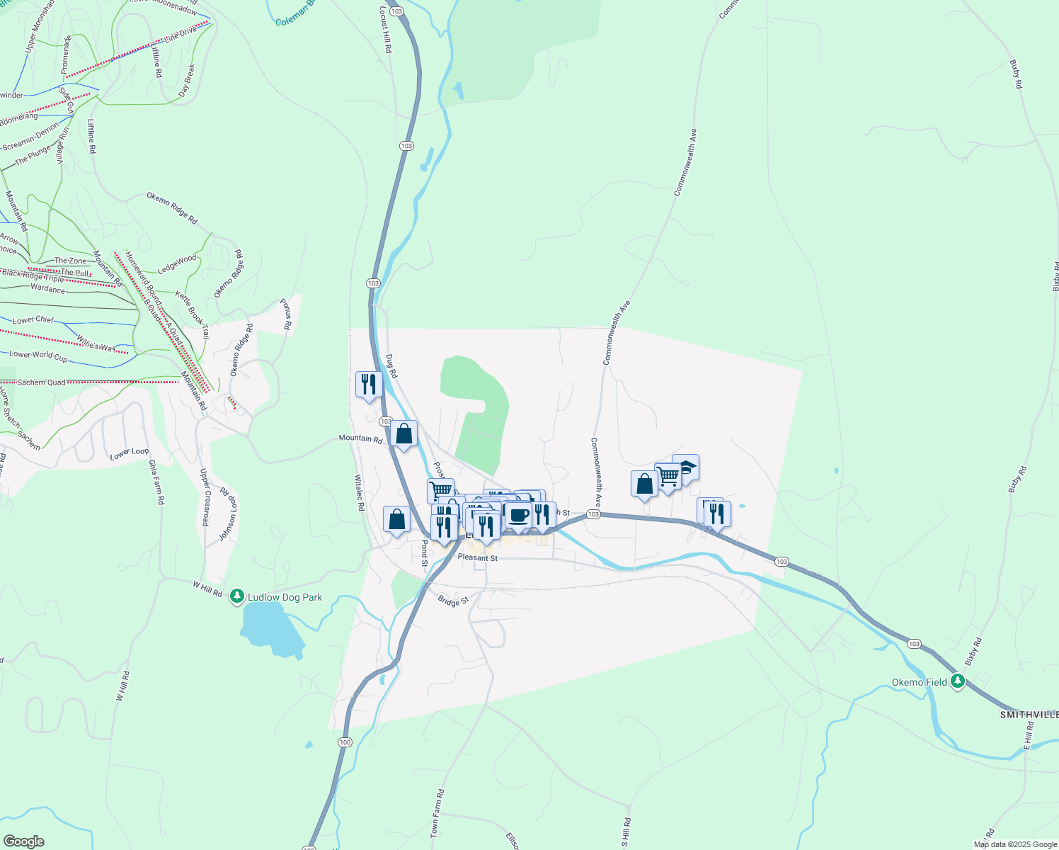 map of restaurants, bars, coffee shops, grocery stores, and more near 12 Gill Terrace in Ludlow