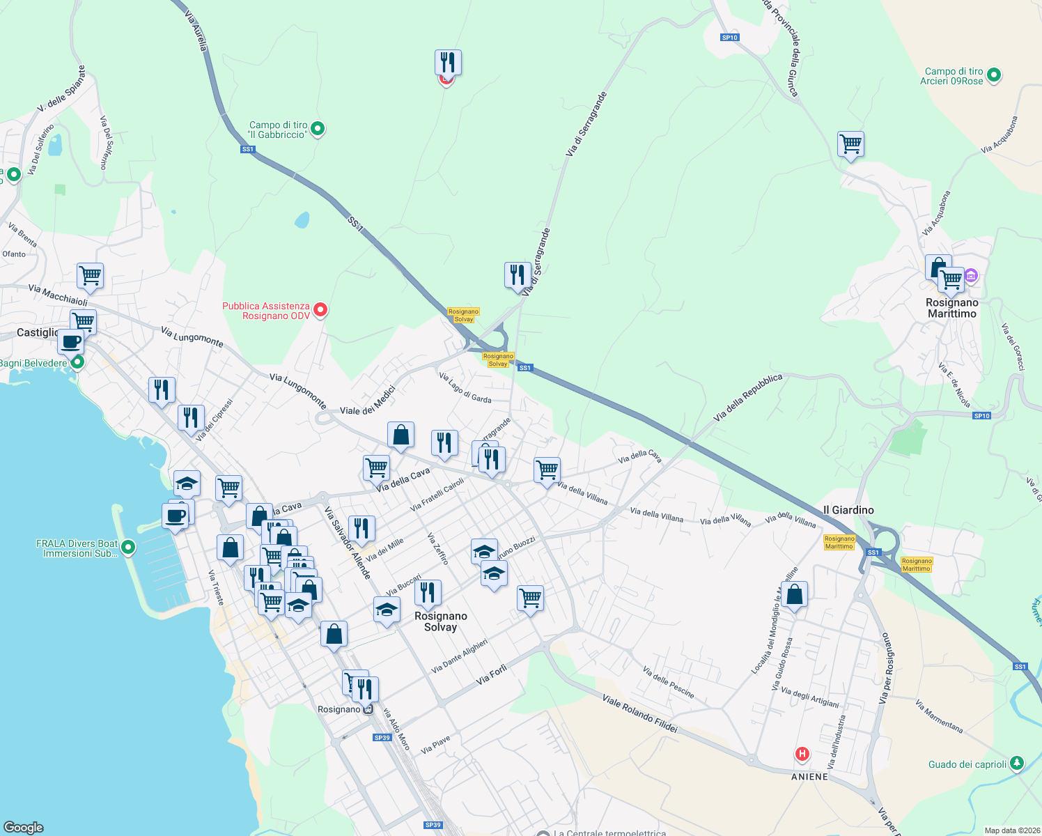 map of restaurants, bars, coffee shops, grocery stores, and more near 56 Via del Cotone in Rosignano Solvay-Castiglioncello