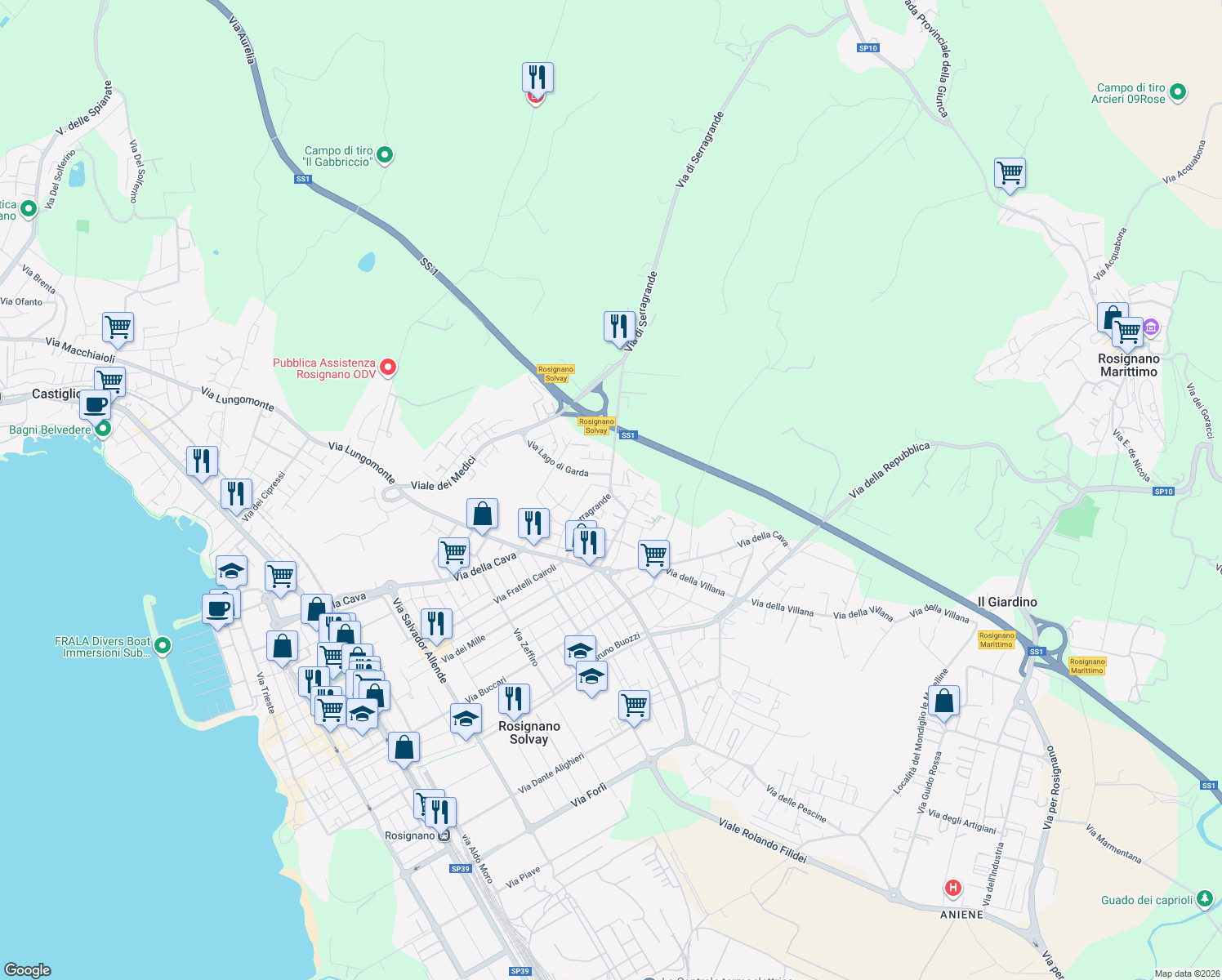 map of restaurants, bars, coffee shops, grocery stores, and more near 56 Via del Cotone in Rosignano Solvay-Castiglioncello