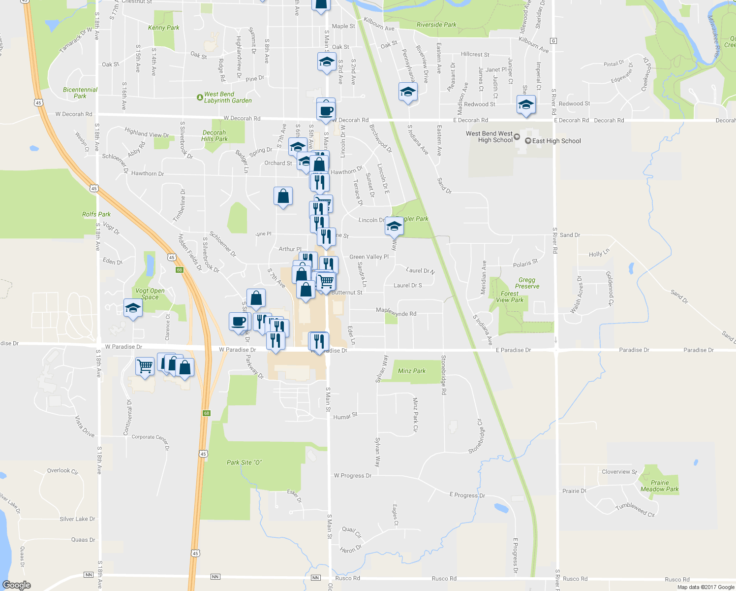 map of restaurants, bars, coffee shops, grocery stores, and more near 227 Butternut Street in West Bend