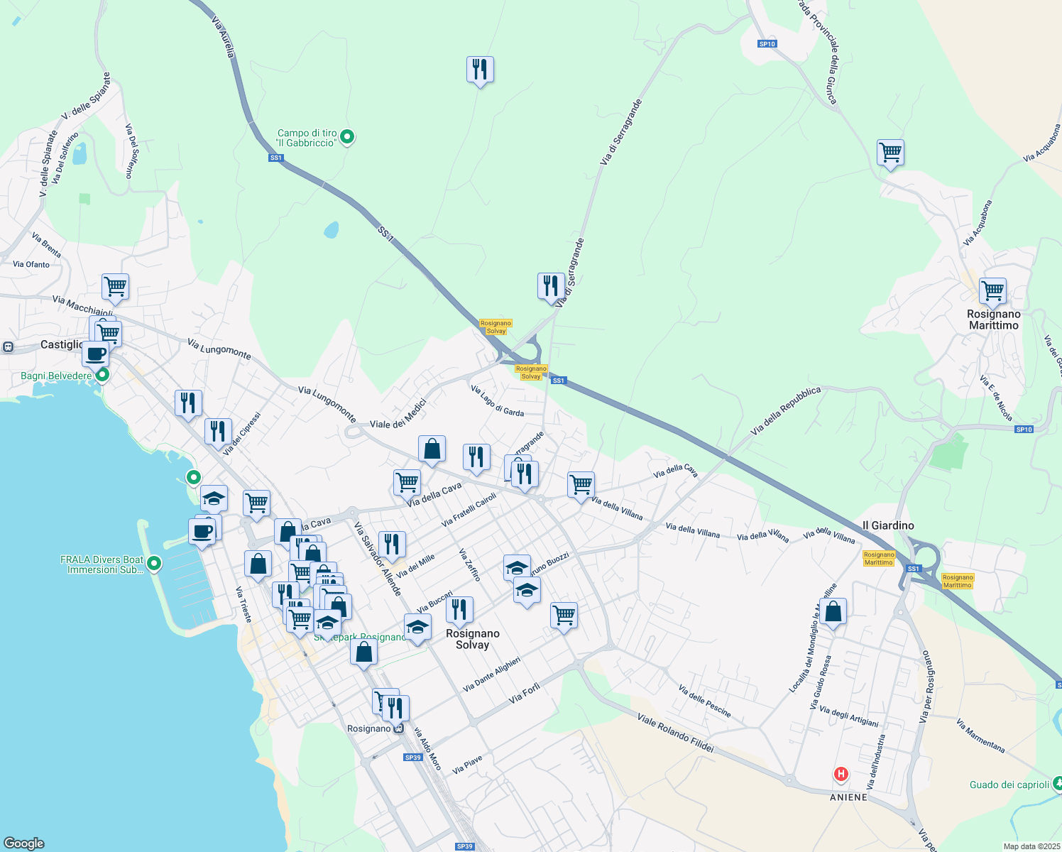 map of restaurants, bars, coffee shops, grocery stores, and more near 50 Via A. Rosmini in Rosignano Solvay-Castiglioncello