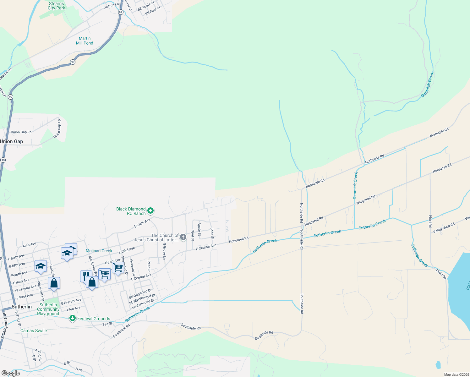 map of restaurants, bars, coffee shops, grocery stores, and more near 1980 East 6th Avenue in Sutherlin