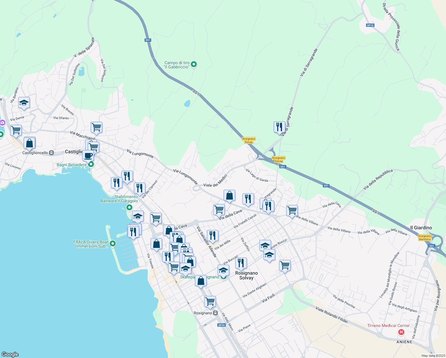 map of restaurants, bars, coffee shops, grocery stores, and more near 21 Via Pierluigi Viola in Rosignano Solvay-Castiglioncello