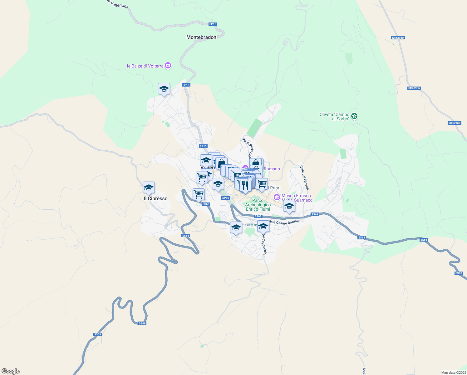 map of restaurants, bars, coffee shops, grocery stores, and more near 7 Via Ricciarelli in Volterra
