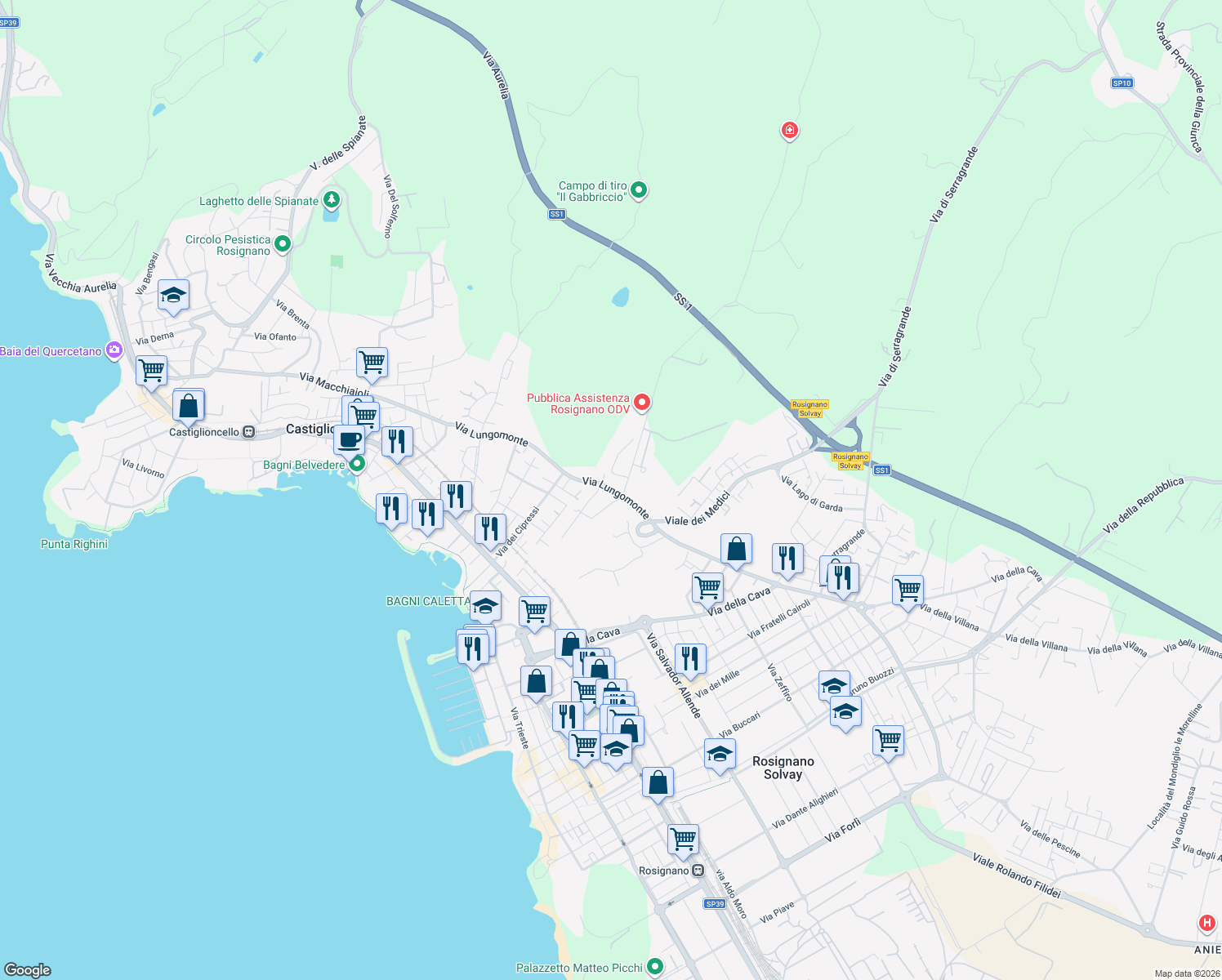 map of restaurants, bars, coffee shops, grocery stores, and more near 1 Località Pel di Lupo in Livorno