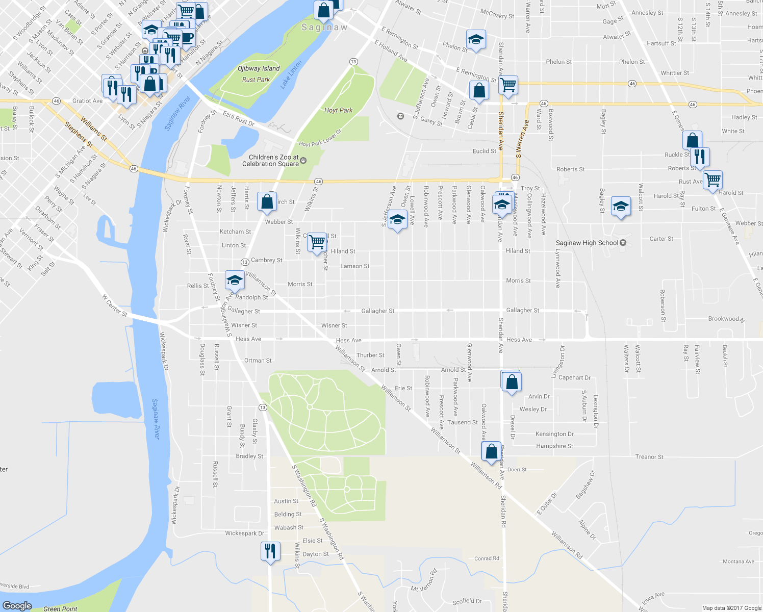 map of restaurants, bars, coffee shops, grocery stores, and more near 2619 South Jefferson Avenue in Saginaw