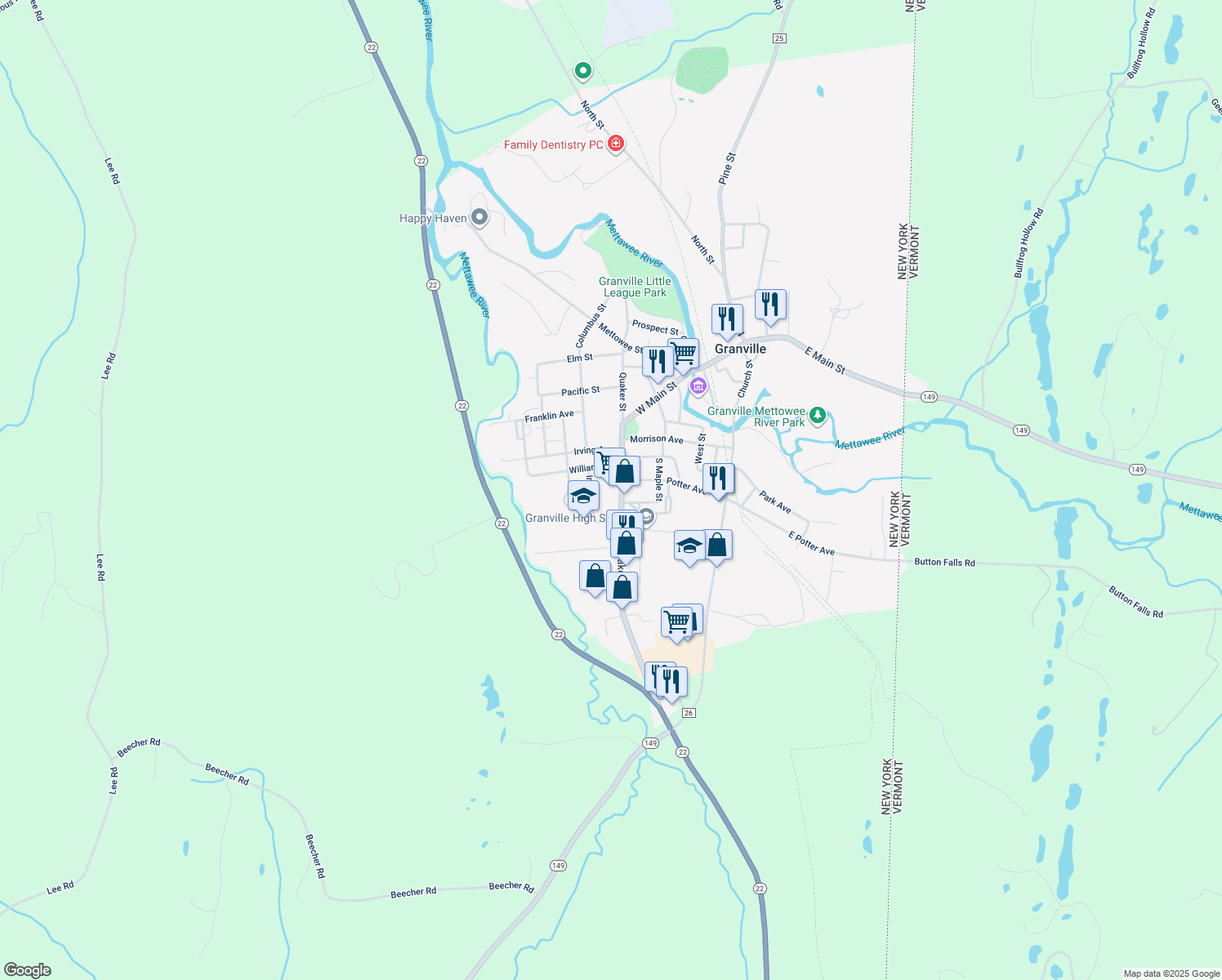 map of restaurants, bars, coffee shops, grocery stores, and more near 45 Quaker Street in Granville