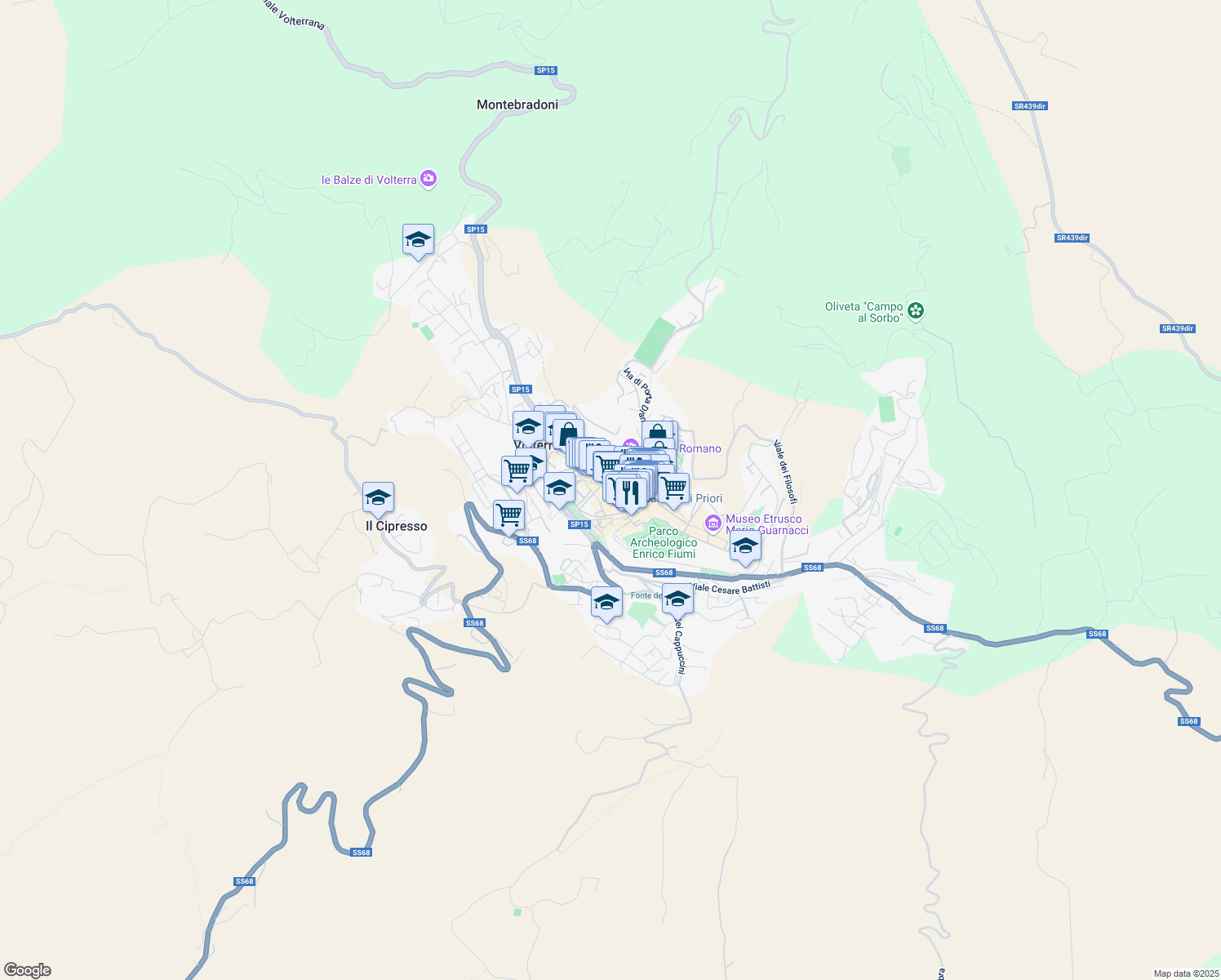 map of restaurants, bars, coffee shops, grocery stores, and more near 7 Via Ricciarelli in Volterra