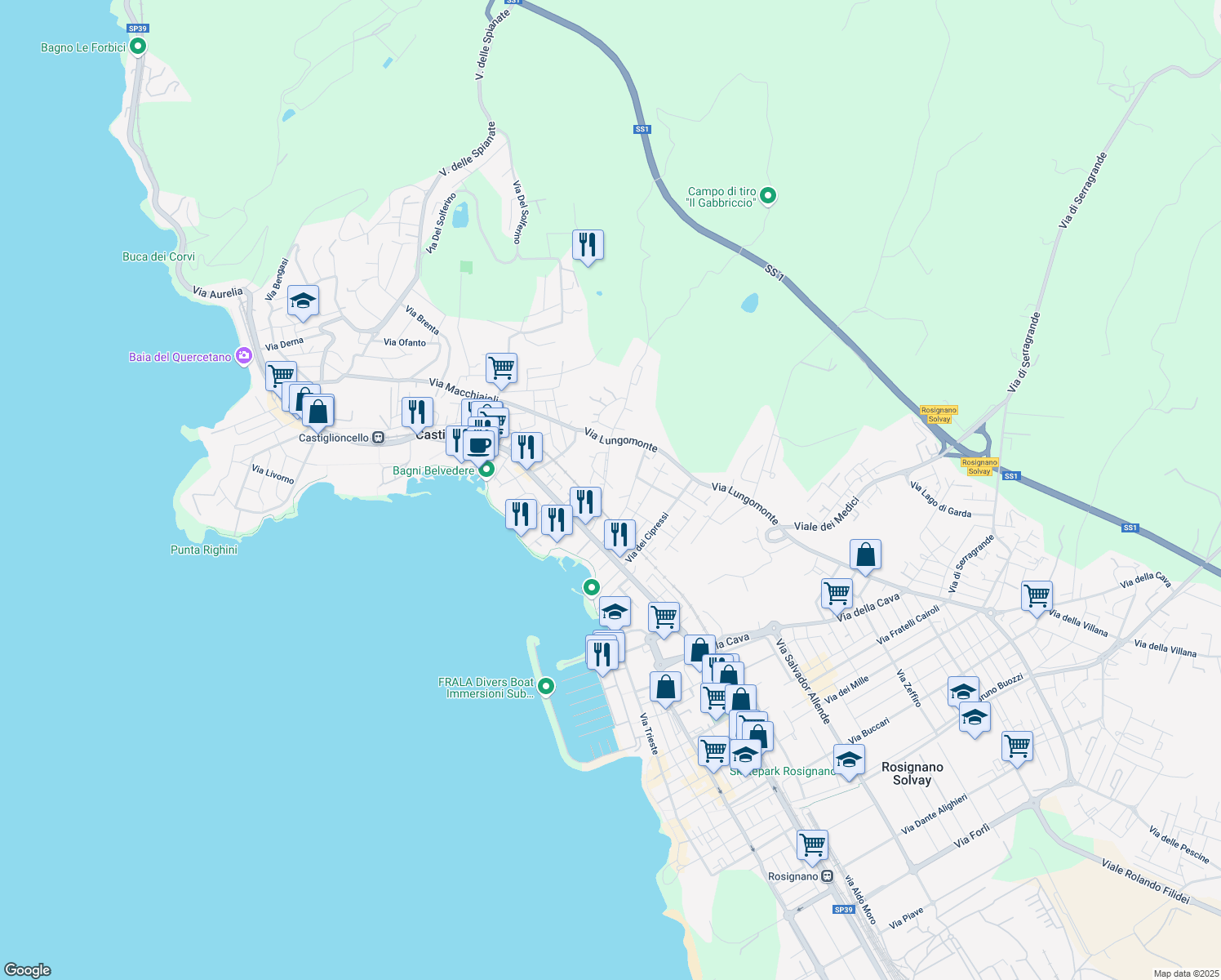 map of restaurants, bars, coffee shops, grocery stores, and more near 52 Via Mare Egeo in Rosignano Solvay-Castiglioncello