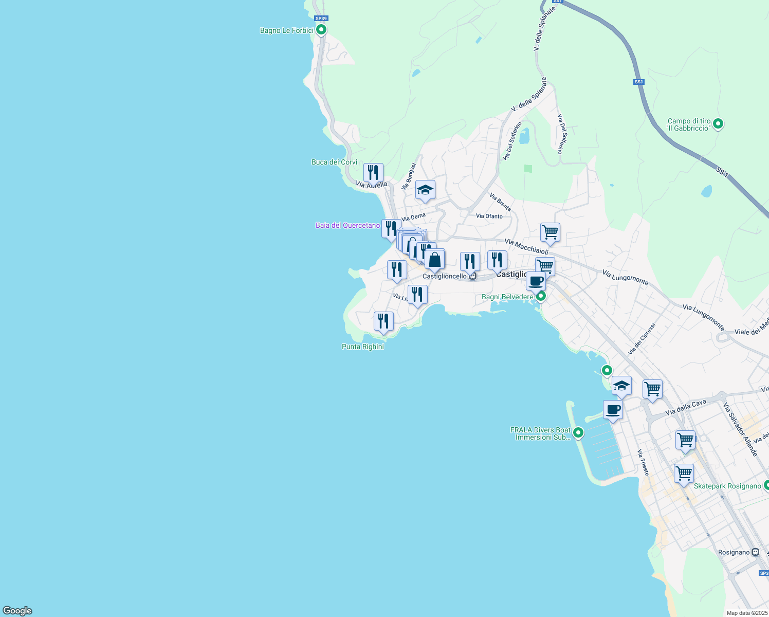 map of restaurants, bars, coffee shops, grocery stores, and more near 9 Via Giuseppe Saragat in Rosignano Solvay-Castiglioncello