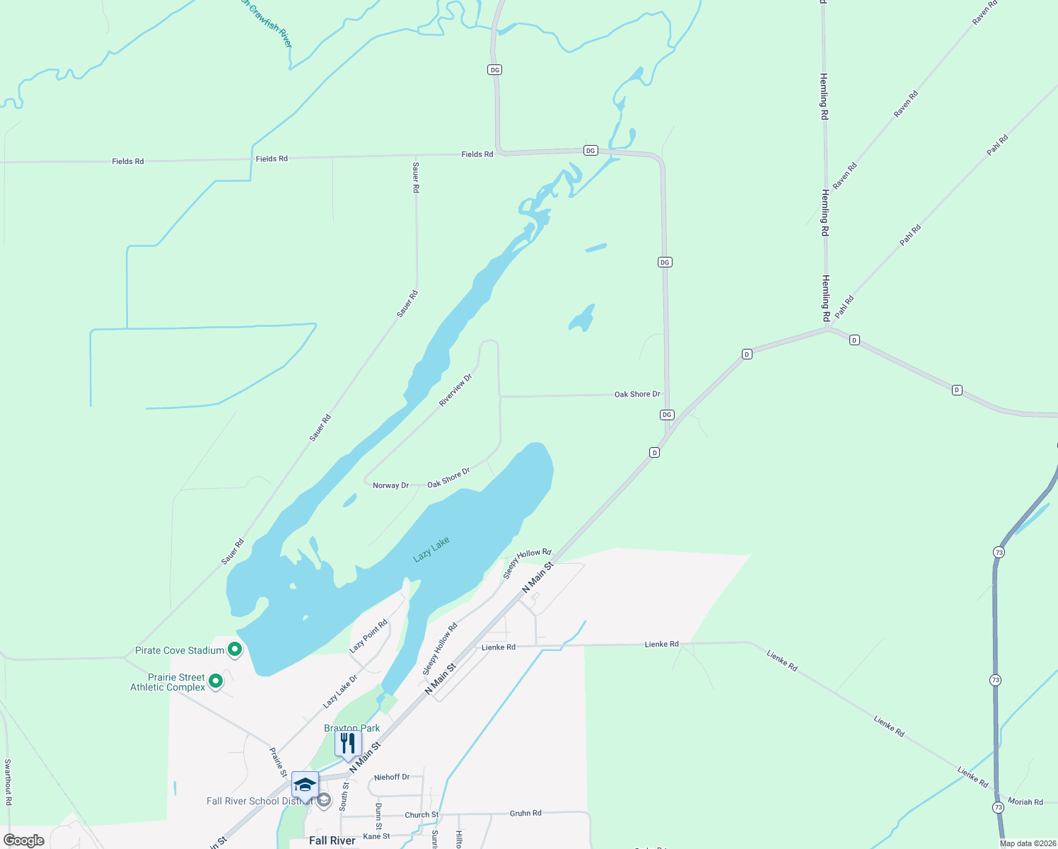map of restaurants, bars, coffee shops, grocery stores, and more near W565 Oak Shore Dr in Fall River