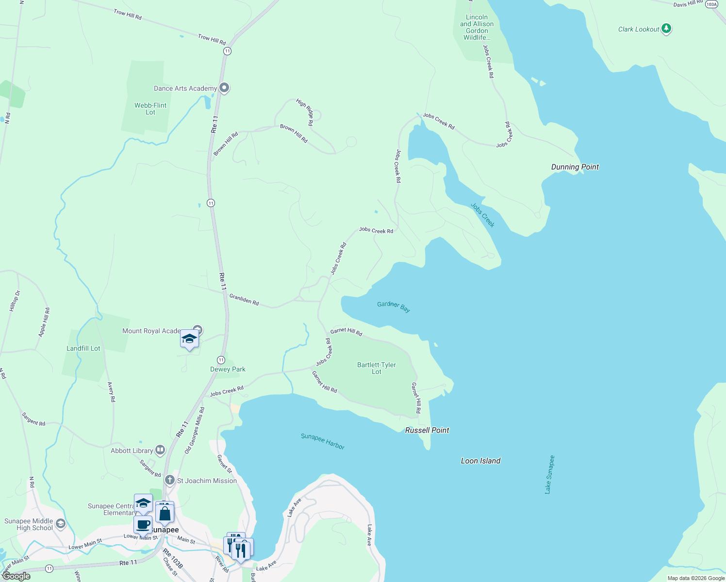 map of restaurants, bars, coffee shops, grocery stores, and more near 34 Breidablik Road in Sunapee